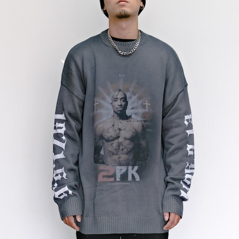 欧美高街嘻哈人物2pac印花毛衣男落肩oversize宽松套头针织上衣潮