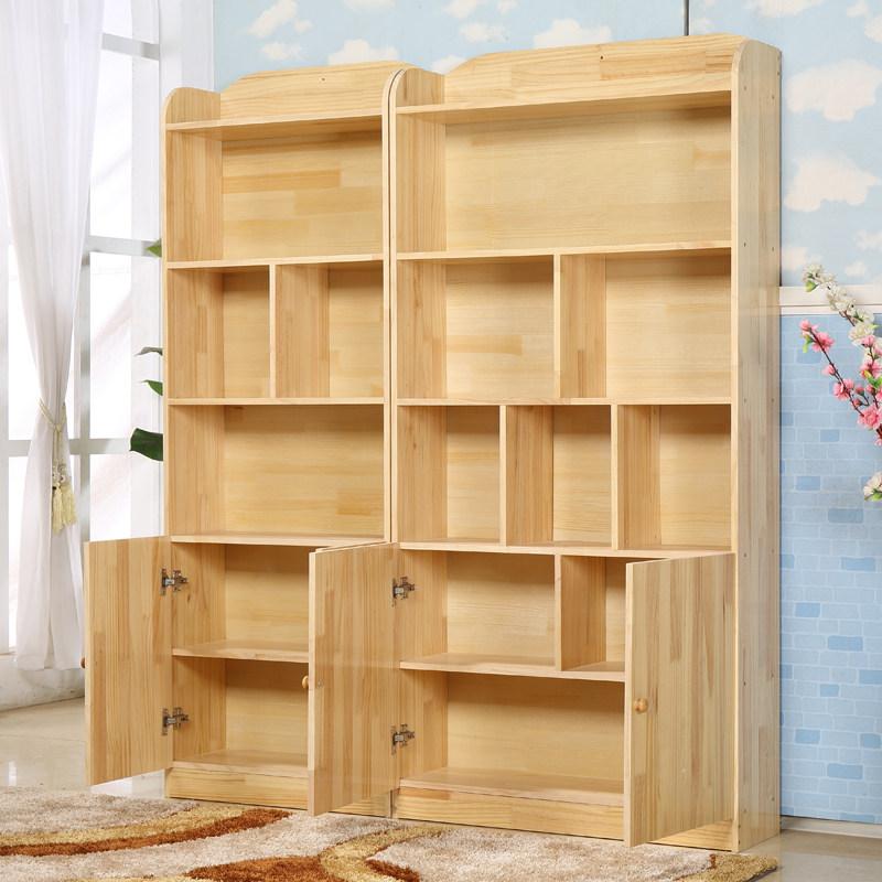 松木儿童书架简易书柜带门实木学生书橱简约现代储物柜置物架落地