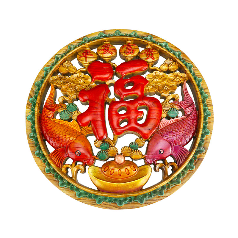 天然桃木福字摆件实木雕刻彩绘龙凤呈祥圆形客厅摆件