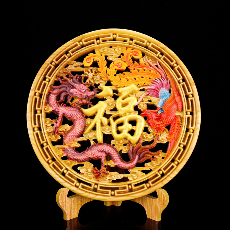 天然桃木福字摆件实木雕刻彩绘龙凤呈祥圆形客厅摆件