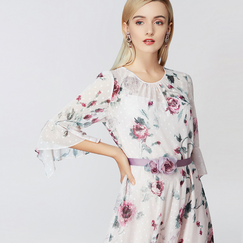 欧柏兰奴2021夏季圆领短袖配腰带优雅印花雪纺连衣裙女新款