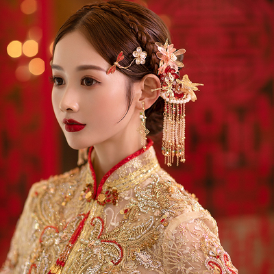 中式婚礼秀禾头饰新娘造型复古红色琉璃汉服套装古典古装跟妆配饰发饰