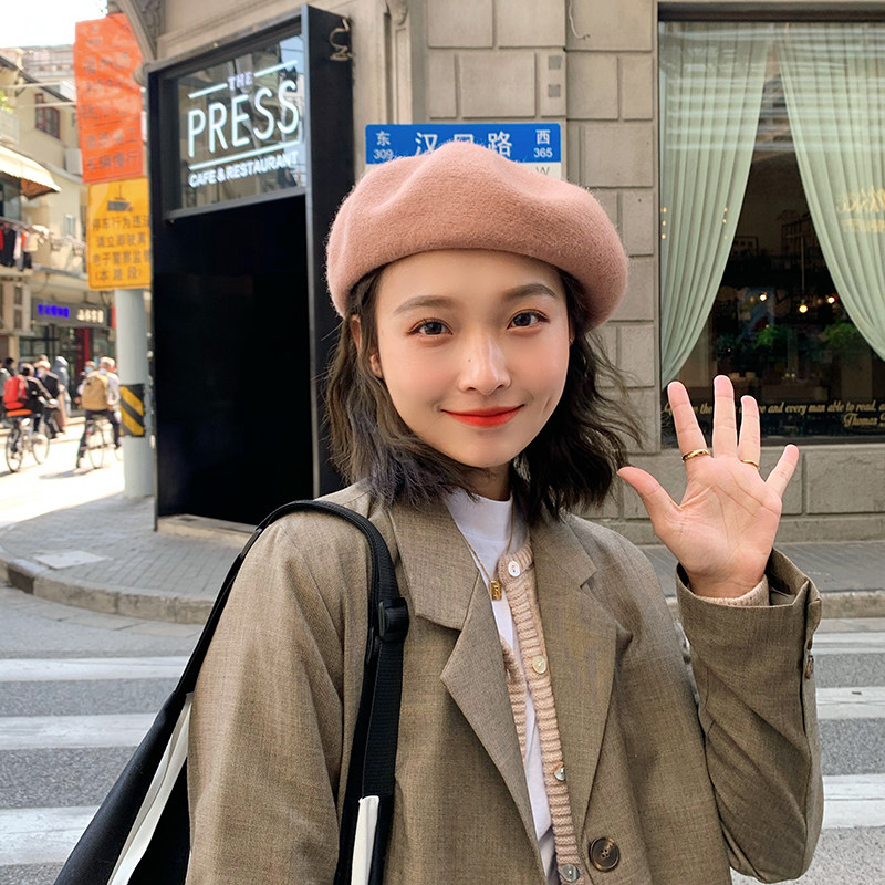 驼色贝雷帽子女秋冬季英伦复古韩版百搭日系羊毛呢南瓜蓓蕾画家帽