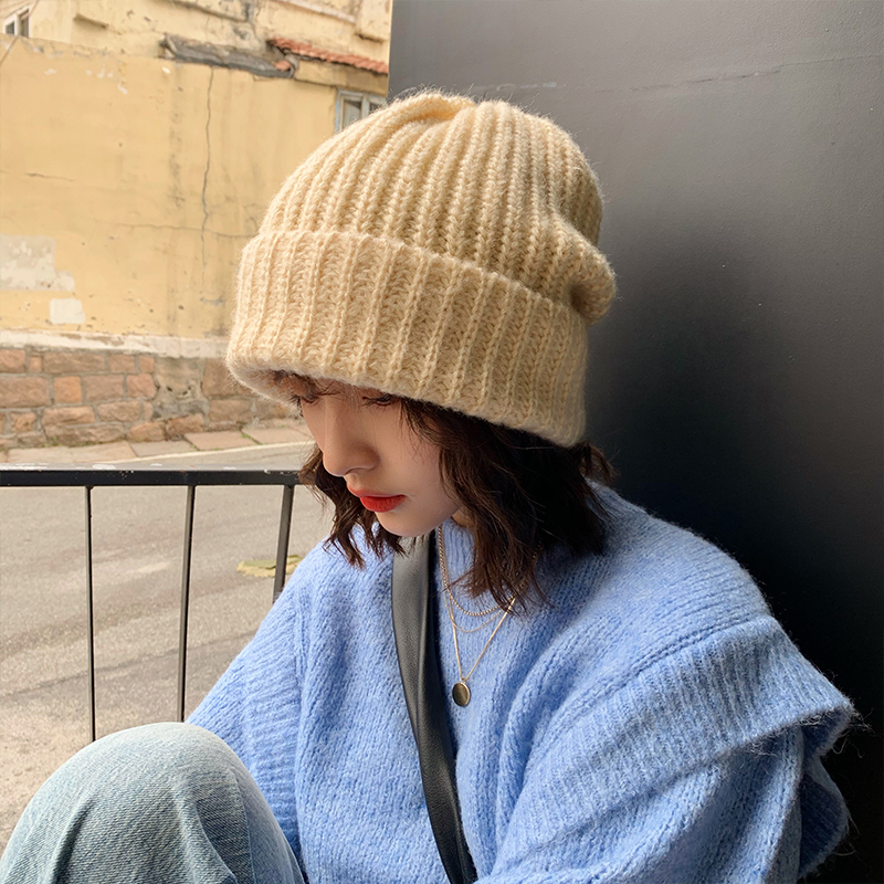 堆堆毛线帽子女秋冬季韩版潮牌百搭日系米色大头围冬天保暖针织帽
