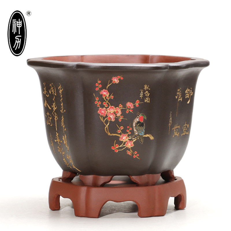 神力花盆宜兴紫砂兰花盆 盆景盆 君子兰六方手工刻紫砂花盆包邮