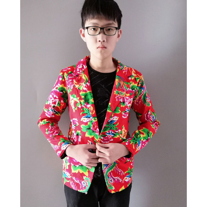 男西装上衣东北大花纯棉修身休闲拍照聚会两粒扣平驳头四季可穿