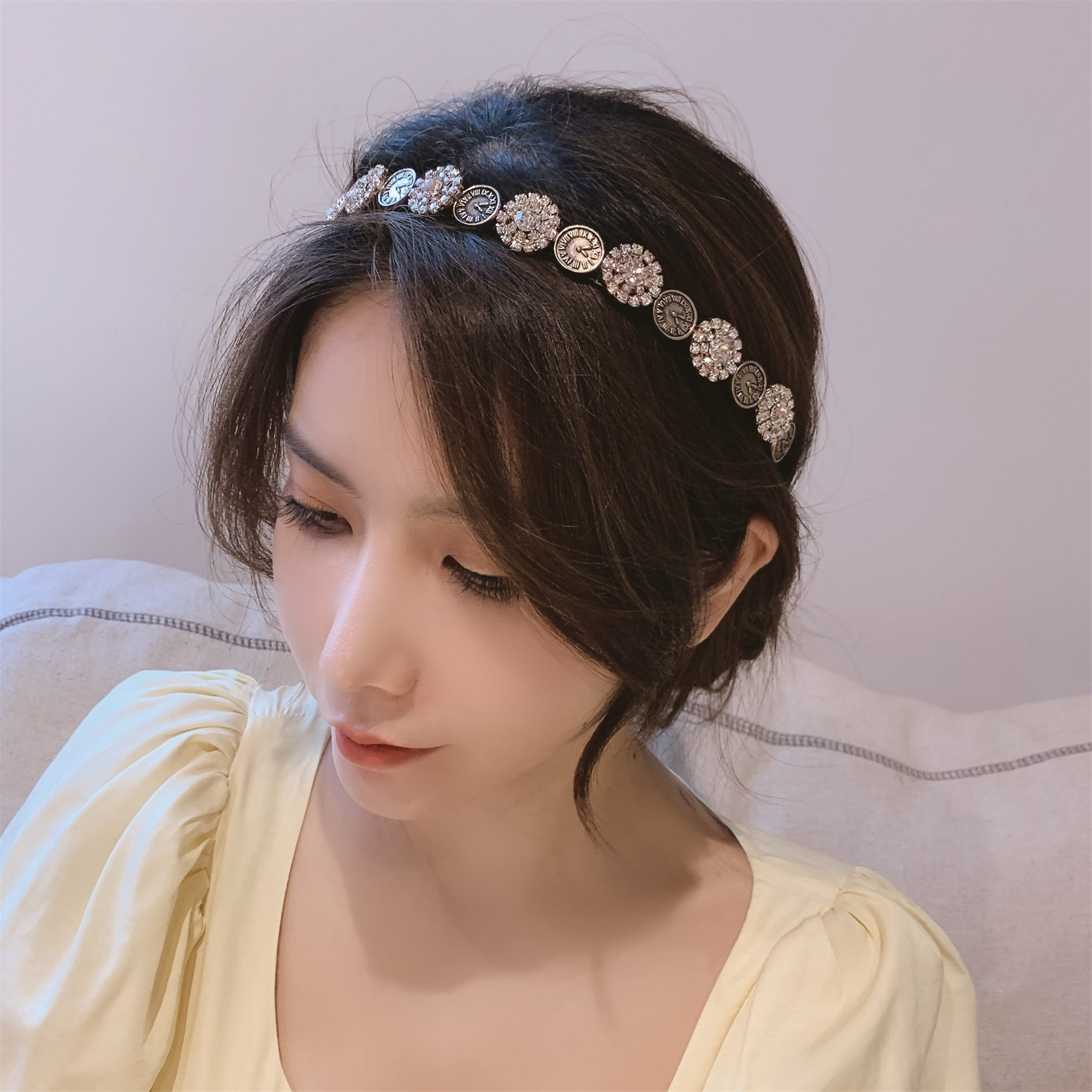 韩国气质甜美重工捷克钻压发人头头箍百搭质感水钻合金发箍发饰