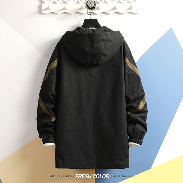 Mid-length windbreaker men's spring and autumn ruffian handsome men's large size fat loose youth handsome tooling hooded jacket Mid-length windbreaker men's spring and autumn ruffian handsome men's large size fat loose youth handsome tooling hooded jacket
