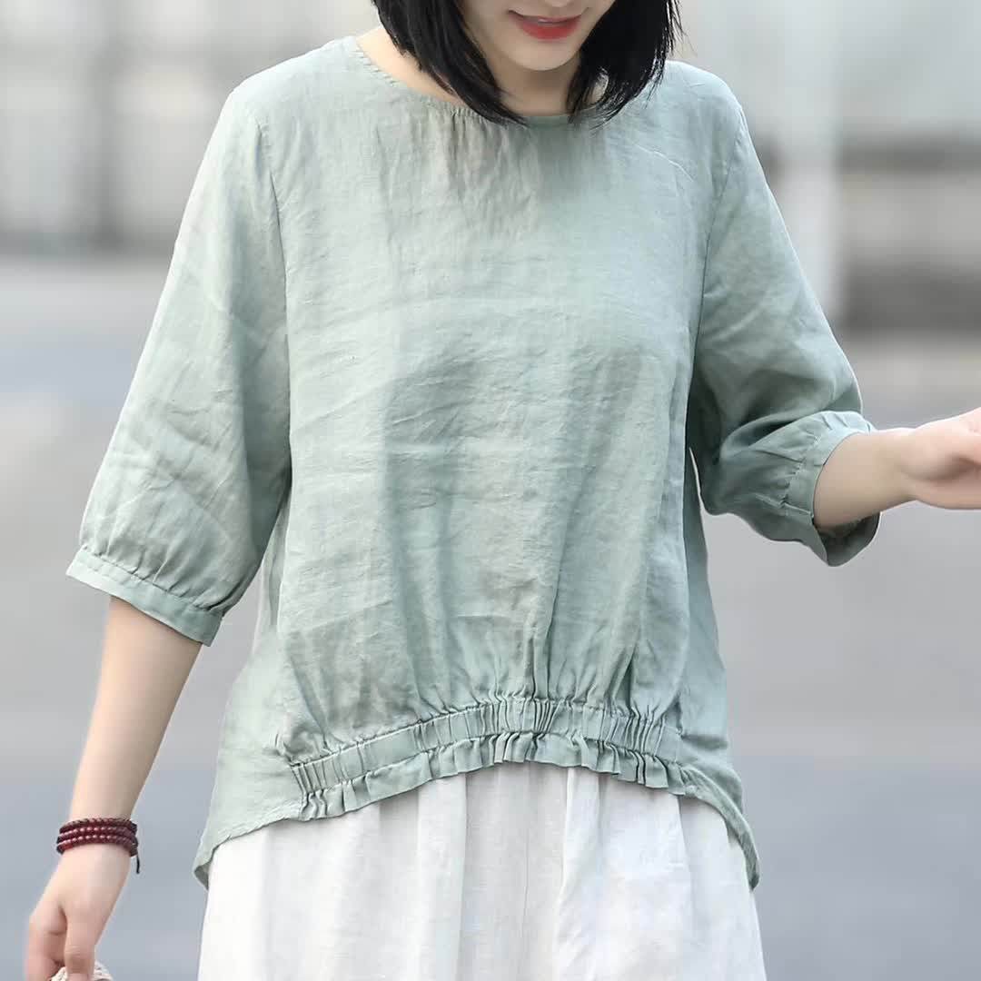 棉麻衬衫女宽松日文艺休闲亚麻复古苎麻上衣衬衫