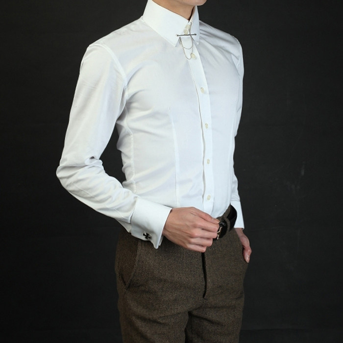高领二扣英伦顶针式帝国领宽角尖领男衬衣法式袖扣纯白色修身衬衫-mc