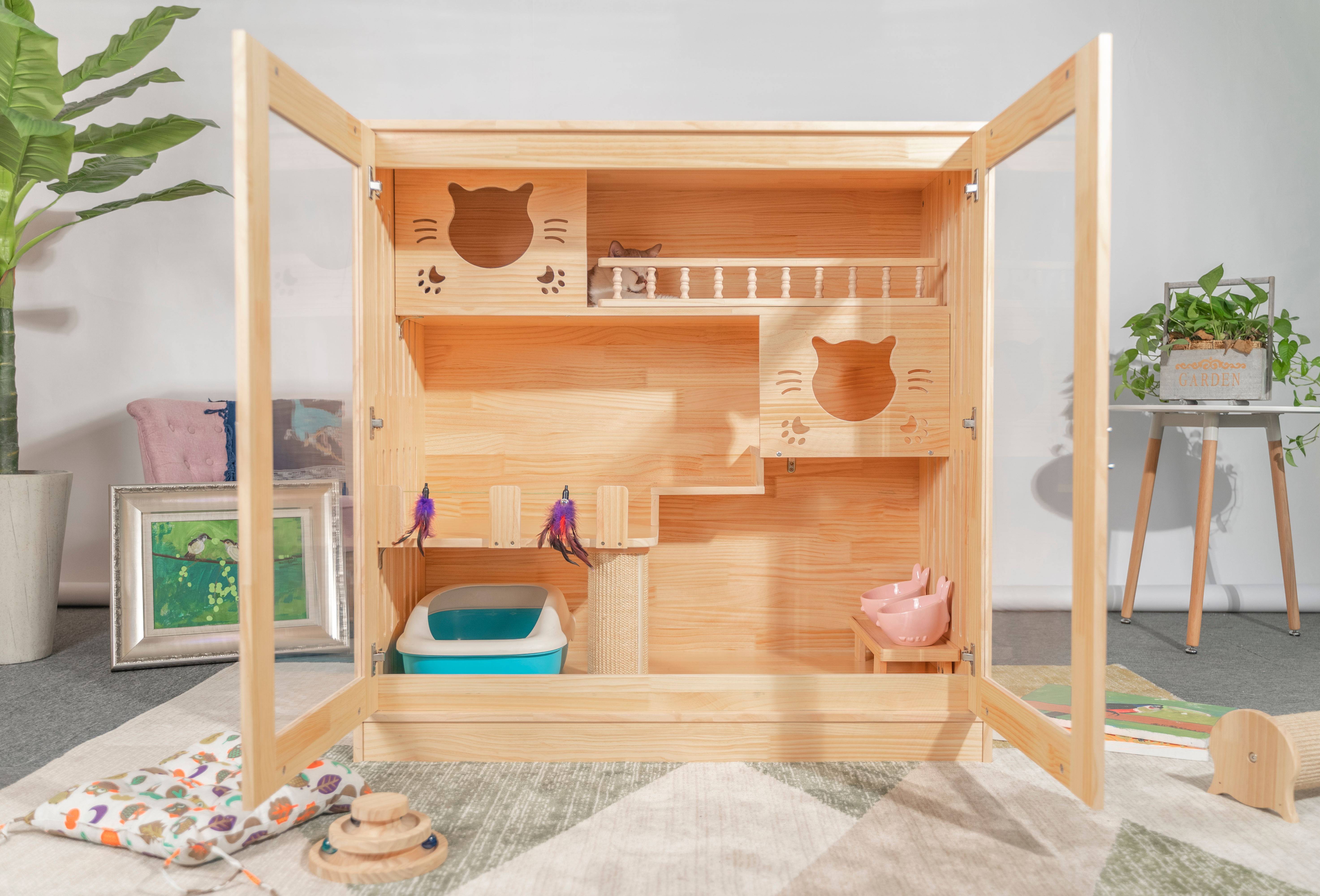 喵喵实木笼子别墅公寓大型猫笼三层四季通用笼子