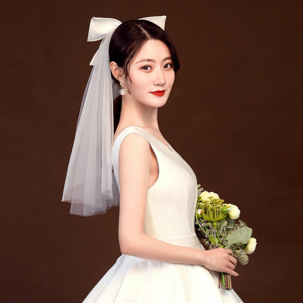 头纱新款软纱抖音森系复古简约蝴蝶结领证头饰头纱