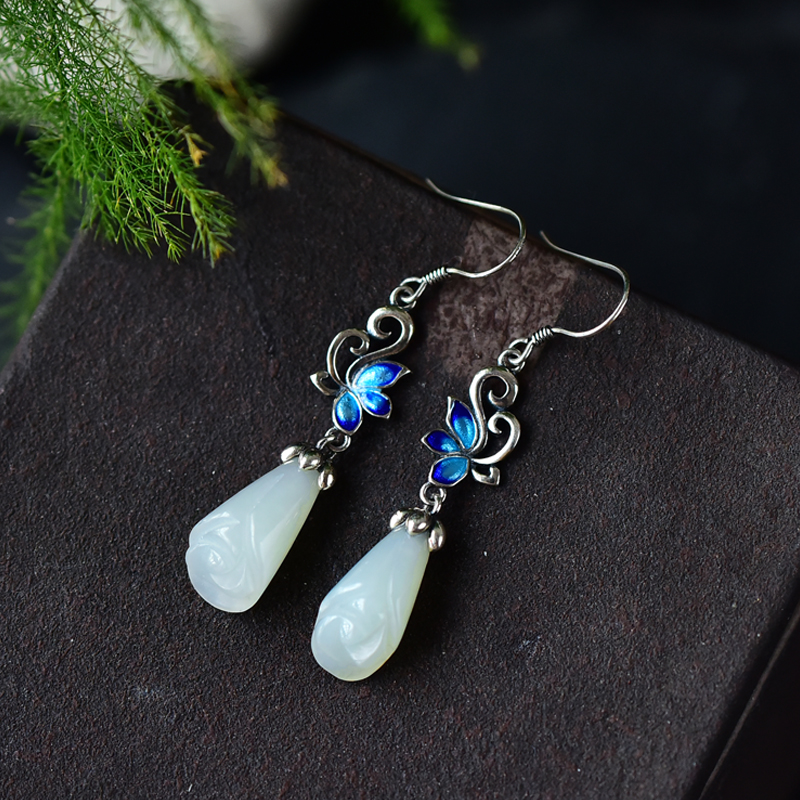 s925女款耳饰耳坠银耳玉石古风气质耳环蓝蝴蝶耳环