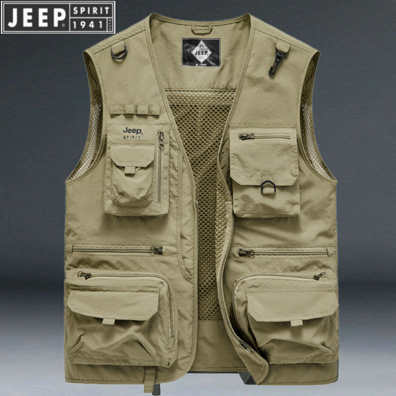 jeep马甲户外速干背心吉普男士无领坎肩多口背心