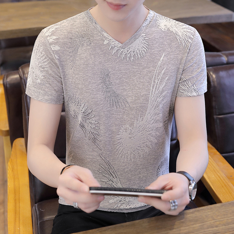 富贵鸟冰丝男士短袖2020新款冰感t恤潮流个性V领桑蚕丝印花上衣