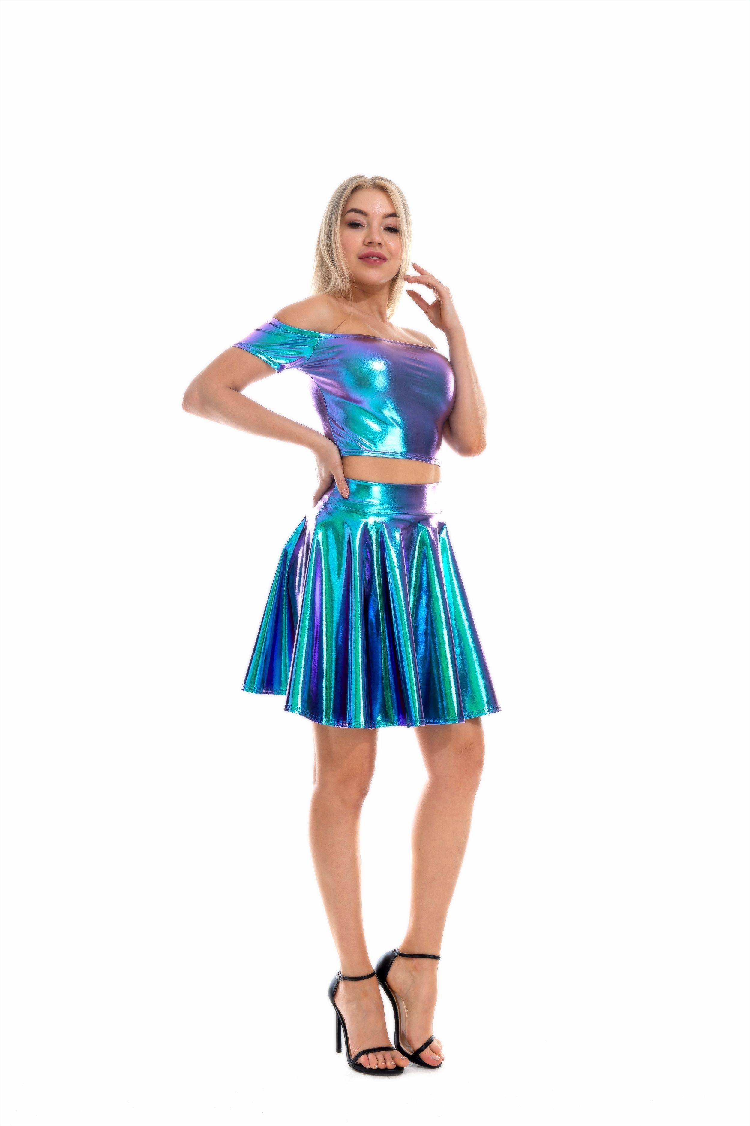 啦啦队舞蹈体操演出服炫彩镭射光面漆皮半身高腰半身裙