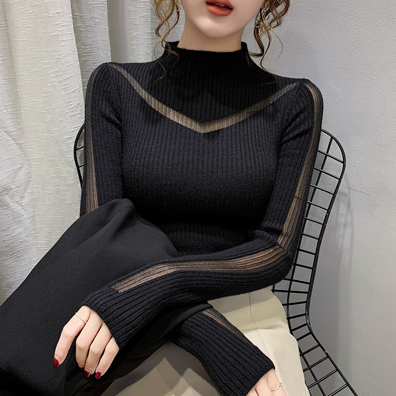 半高领套头毛衣长袖针织衫女士洋气黑色秋冬2021新款内搭打底上衣
