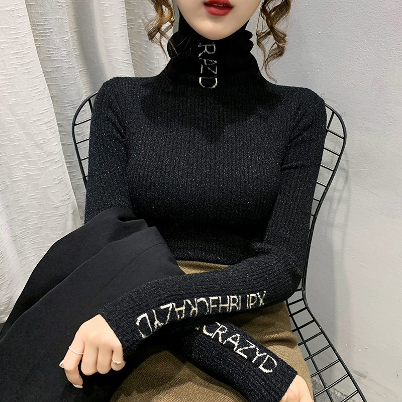 水晶绒秋冬2021新款堆堆领字母针织衫女士秋冬洋气打底衫修身毛衣