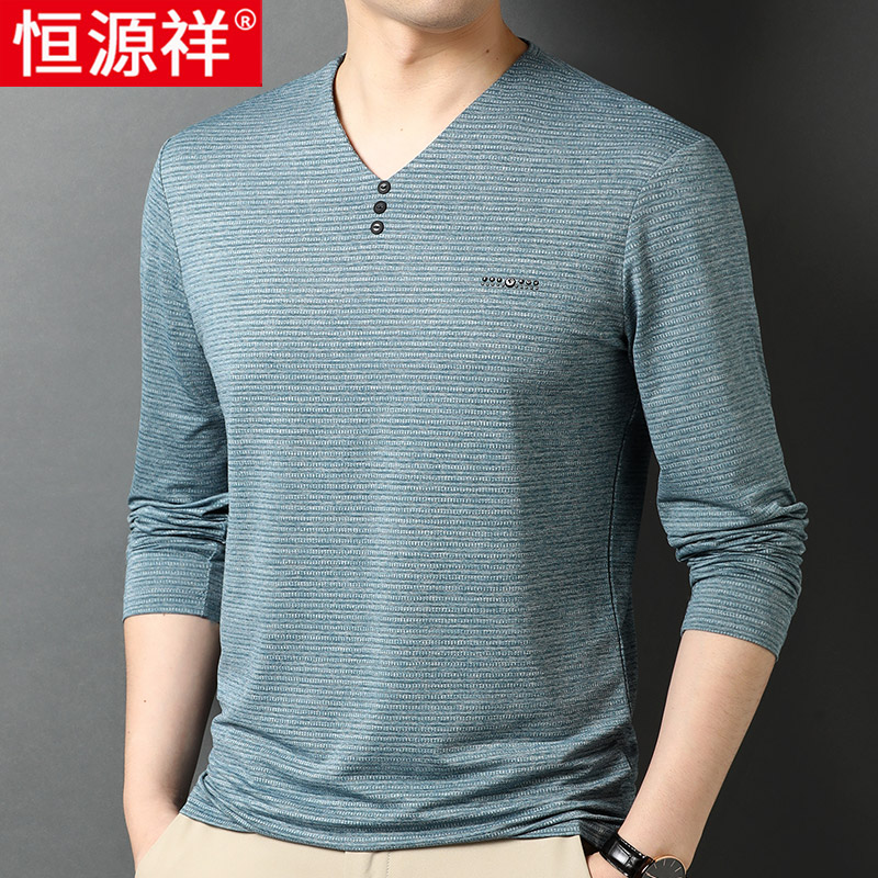 恒源祥男士长袖t恤鸡心V领丅桖春秋中年爸爸装打底小衫春装上衣潮