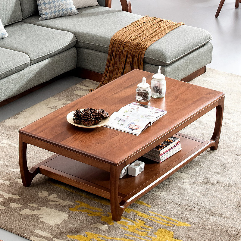 北欧客厅简约现代胡桃木全实木茶几角几双层新中式小户型原木家具