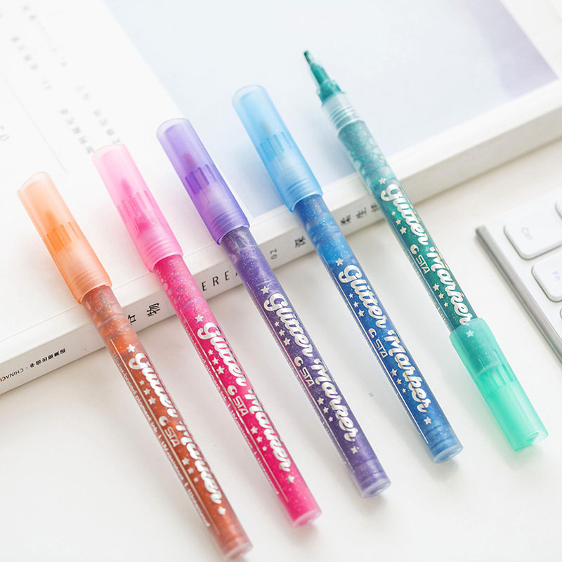 12色粗头闪光啫喱笔闪粉珠光荧光笔儿童diy金星荧光笔