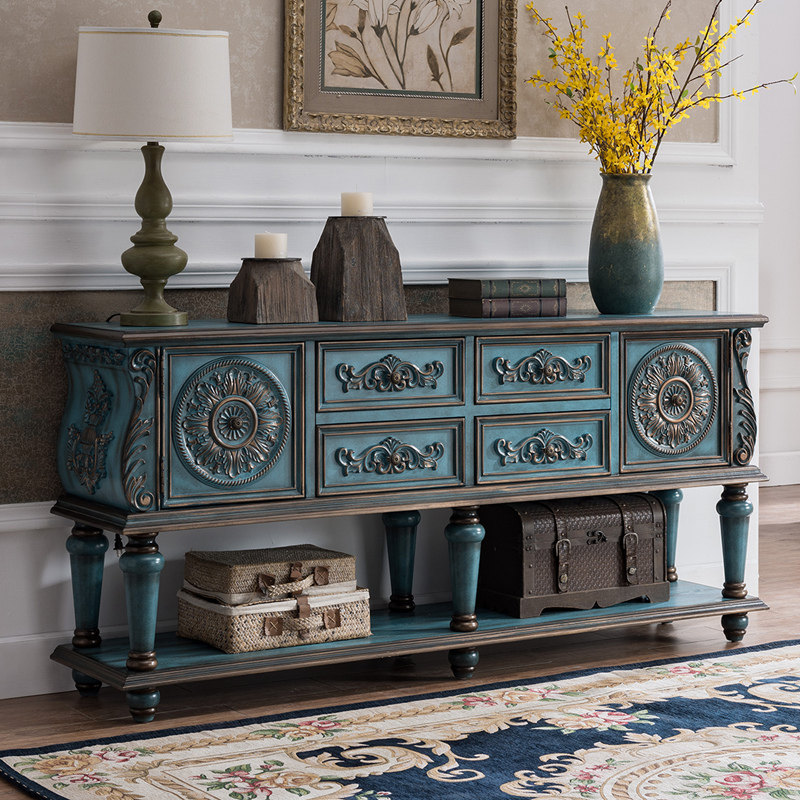 欧式餐边柜实木美式边台玄关柜长桌雕花端景台隔断彩绘靠墙装饰桌