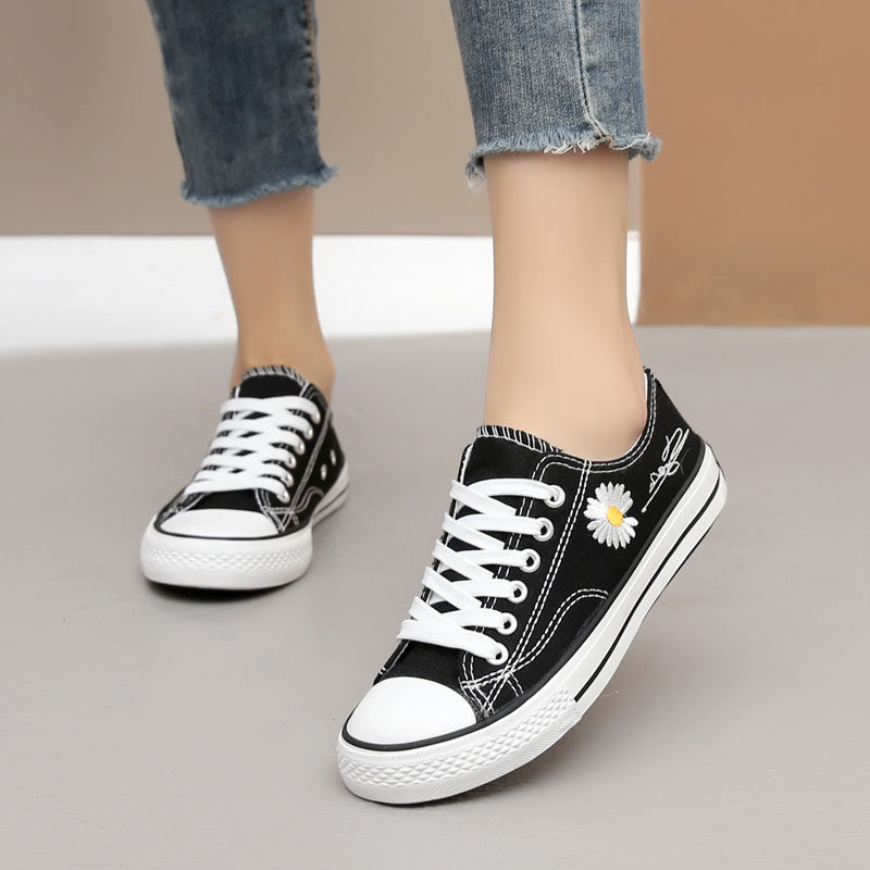 布鞋2021春秋潮韩版黑色低帮帆布女鞋学生大平底帆布鞋