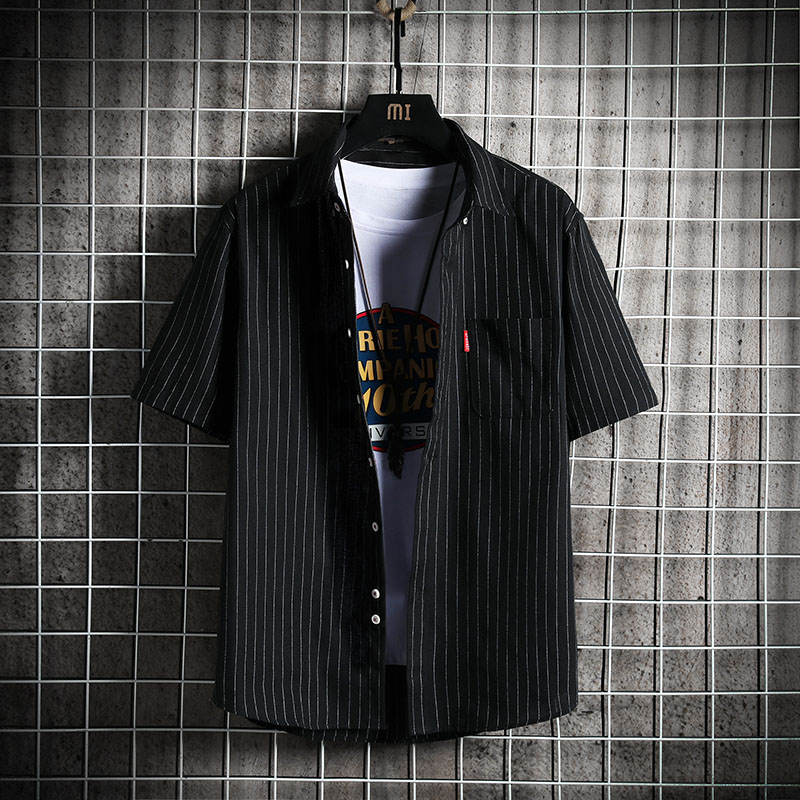 2022新款短袖薄款条纹寸衫衬衫男士夏季韩版潮流休闲夏装衬衣外套