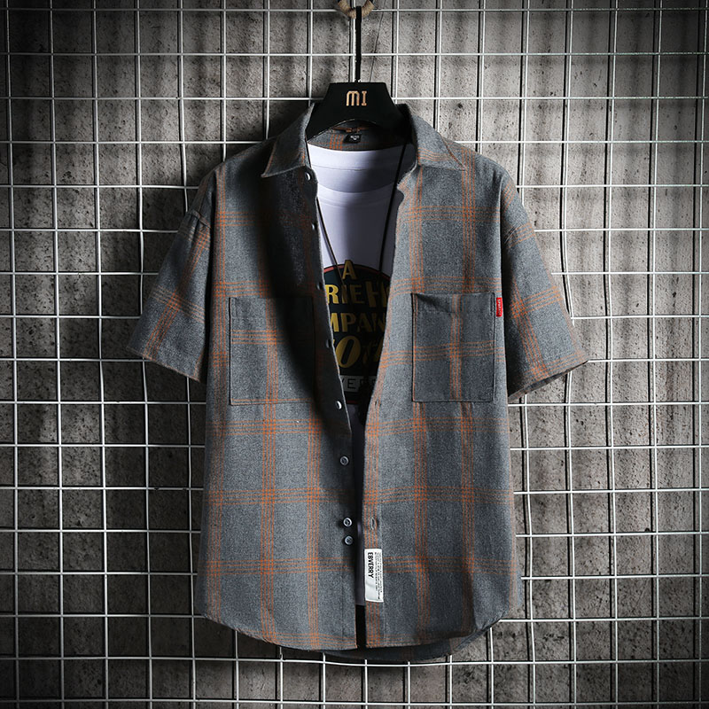 2022新款夏季格子衬衫男短袖韩版潮流男士半袖衬衣男生休闲寸衣服