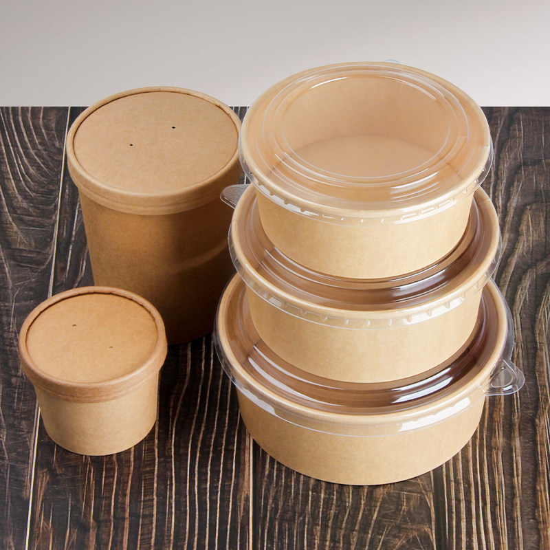 牛皮纸一次性餐盒圆形加厚带盖汤碗快餐盒外卖卤肉一次性餐盒