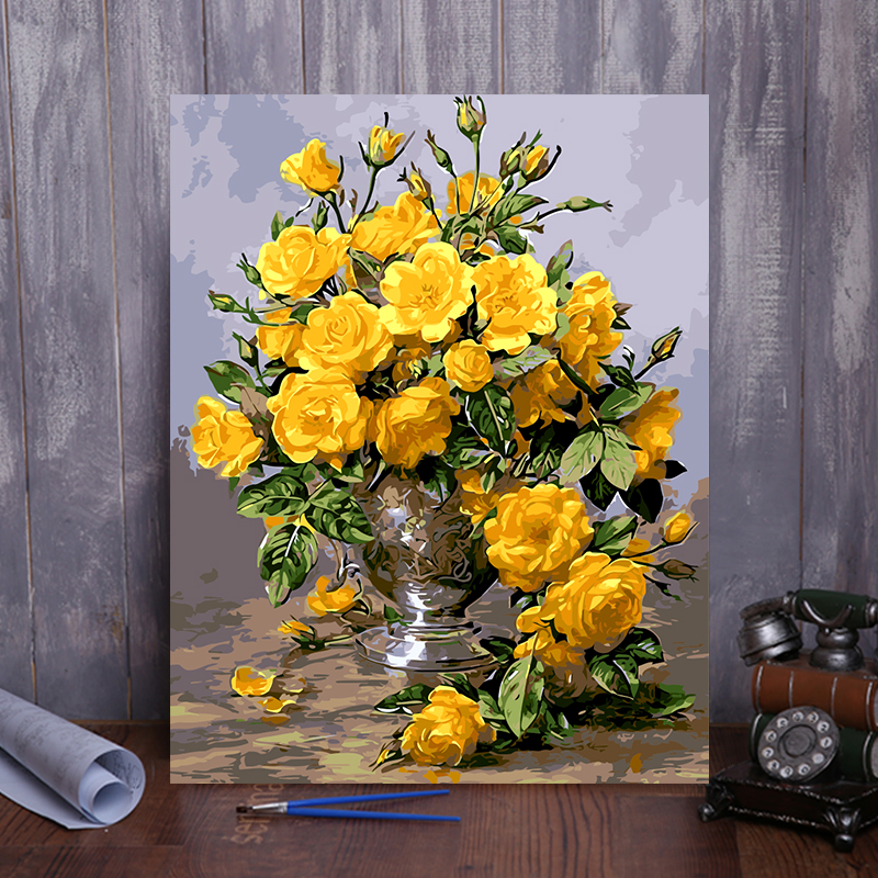 diy数字油画花卉植物风景客厅餐厅大幅数码填色手绘装饰画 黄玫瑰