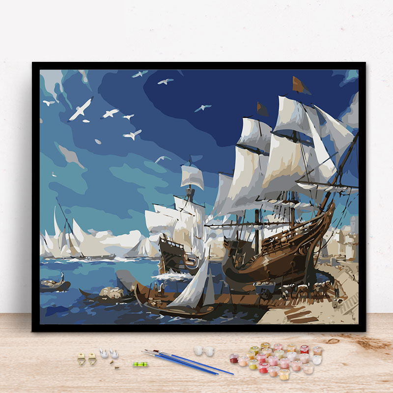 diy数字油画客厅风景大海帆船大幅手绘涂色油彩diy