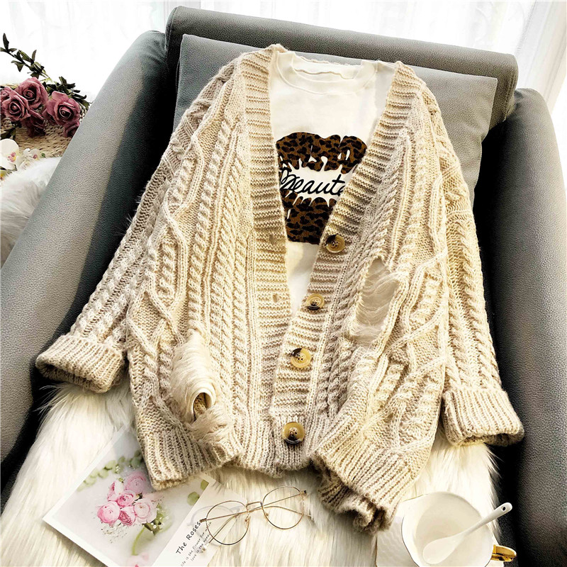 慵懒风韩版宽松破洞2019春季新款粗棒针针织学生毛衣