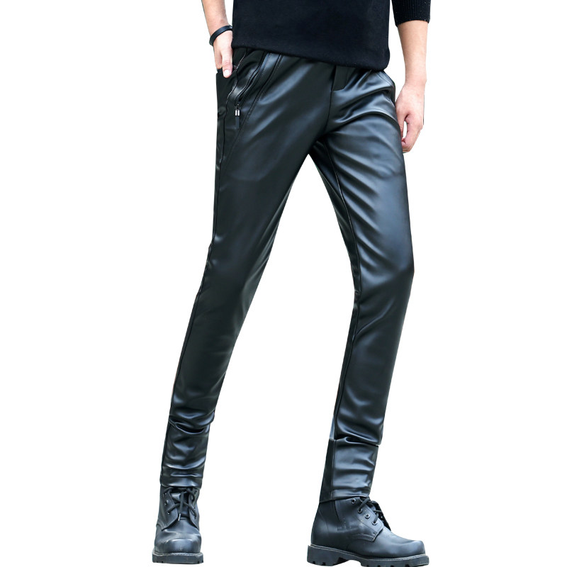 皮裤男工工作裤子加绒加厚保暖男士修身青年皮裤
