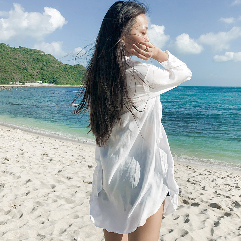 海边白衬衫套包外套沙滩衬衫男朋友度假大码宽松沙滩外套
