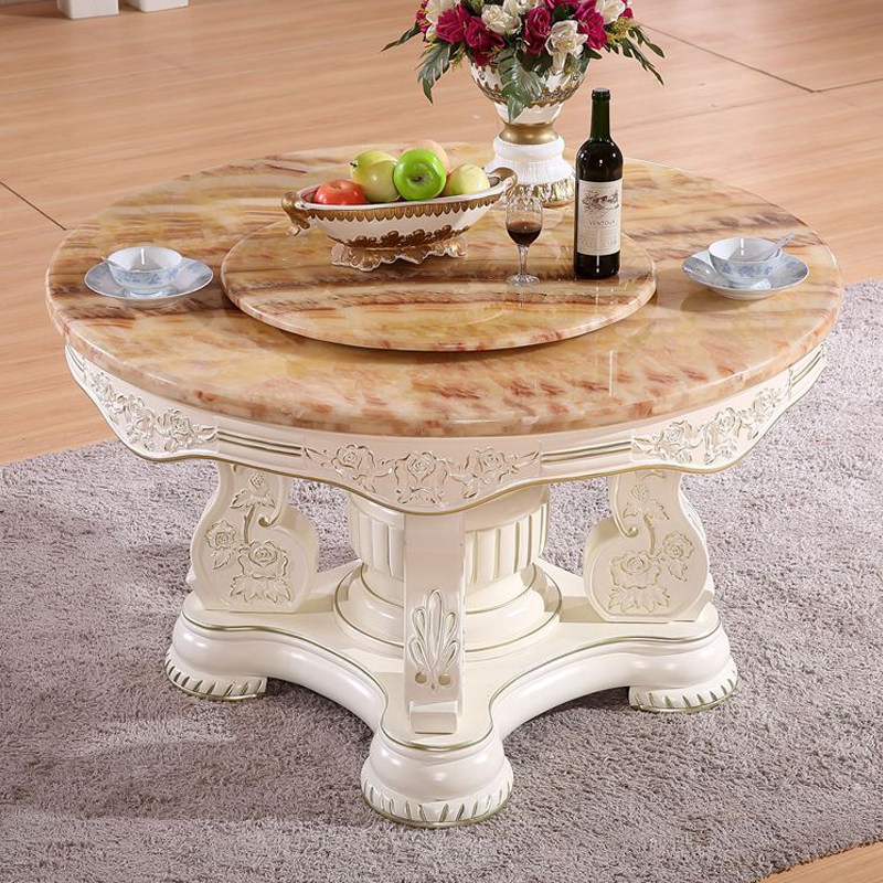 欧式餐桌椅组合6人 天然大理石圆形餐桌简欧实木雕花西式餐台饭桌