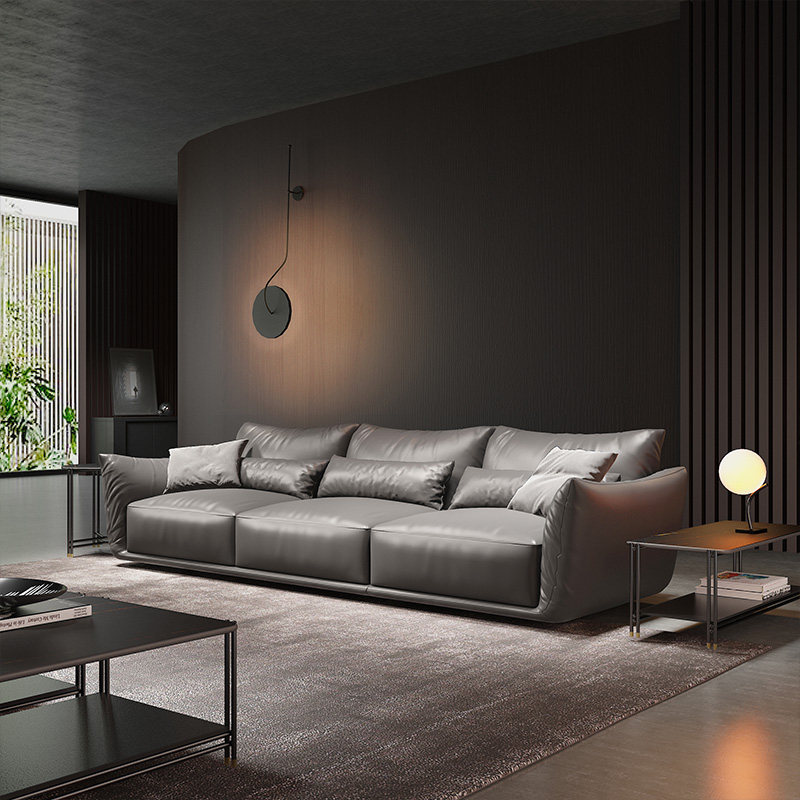 粤府高档意大利真皮沙发三人位牛皮现代简约棕色客厅轻奢皮艺沙发