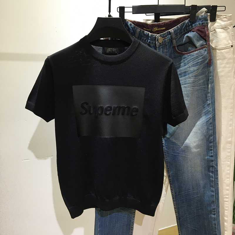 男士冰丝黑色印花潮牌半袖针织衫夏季薄款修身圆领短袖t恤韩版潮