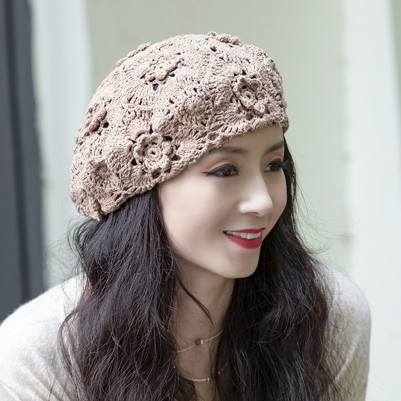 贝雷帽夏季薄款蕾丝镂空针织手工编织八角蓓蕾帽子