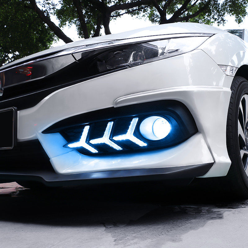 十代思域日行灯鱼骨灯野马灯前后杠三色流光led大灯本田改装灯光