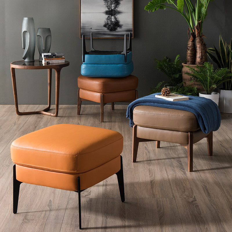 北欧真皮沙发客厅脚踏踏脚凳小凳子家用妆凳圆凳软包沙发凳