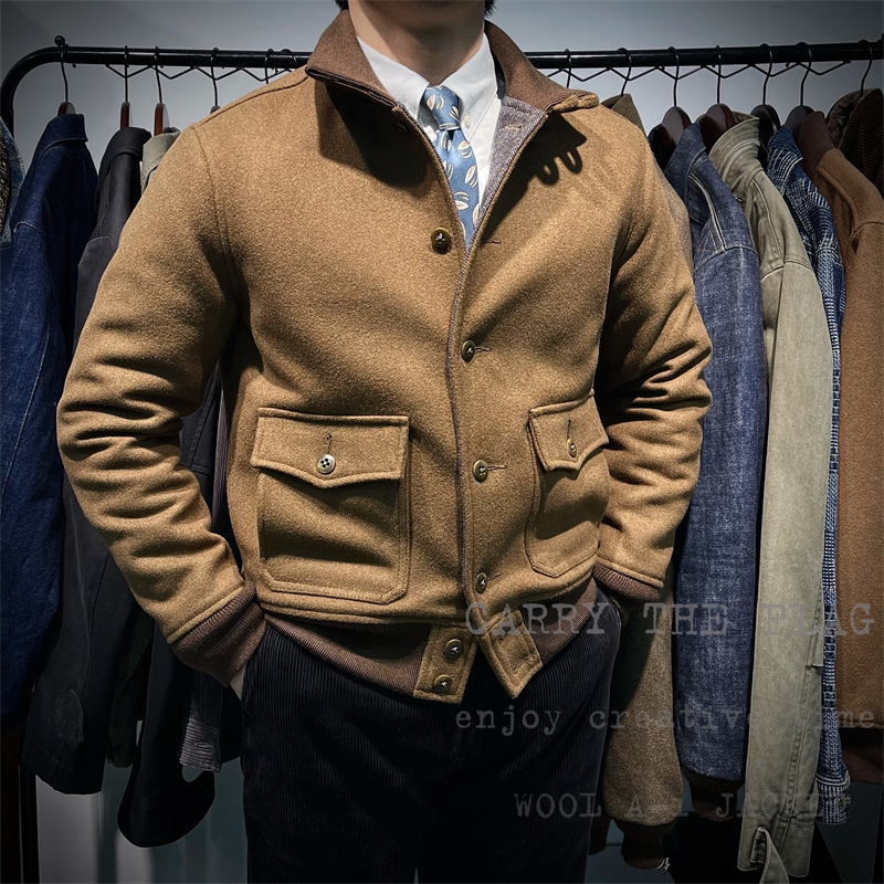 吾扛大旗 复古军旅重磅羊毛呢 A1飞行员夹克咔叽工装厚款男士外套
