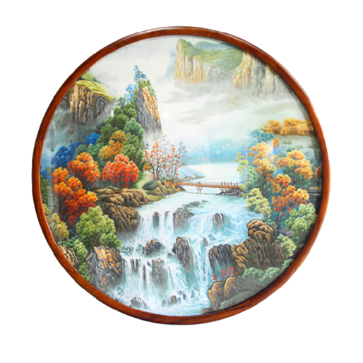 蜀绣山水画聚财单面手工刺绣圆盘挂件刺绣