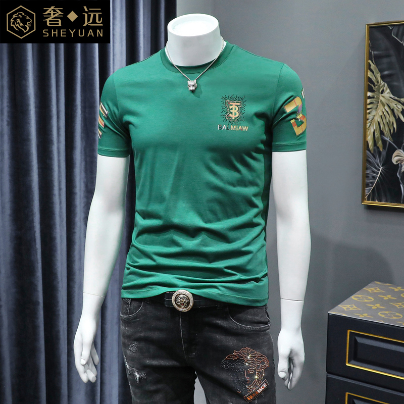 欧洲站烫钻高端短袖t恤男纯棉潮牌2021年新款夏季男士体恤潮流ins