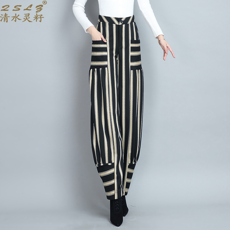 QSLZ/清水灵籽条纹萝卜裤灯笼裤女裤 秋季新款高腰肥腿裤休闲裤子