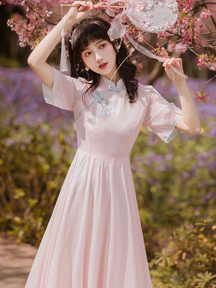 法式复古中国国风甜美美少女粉色旗袍改良连衣裙连衣裙