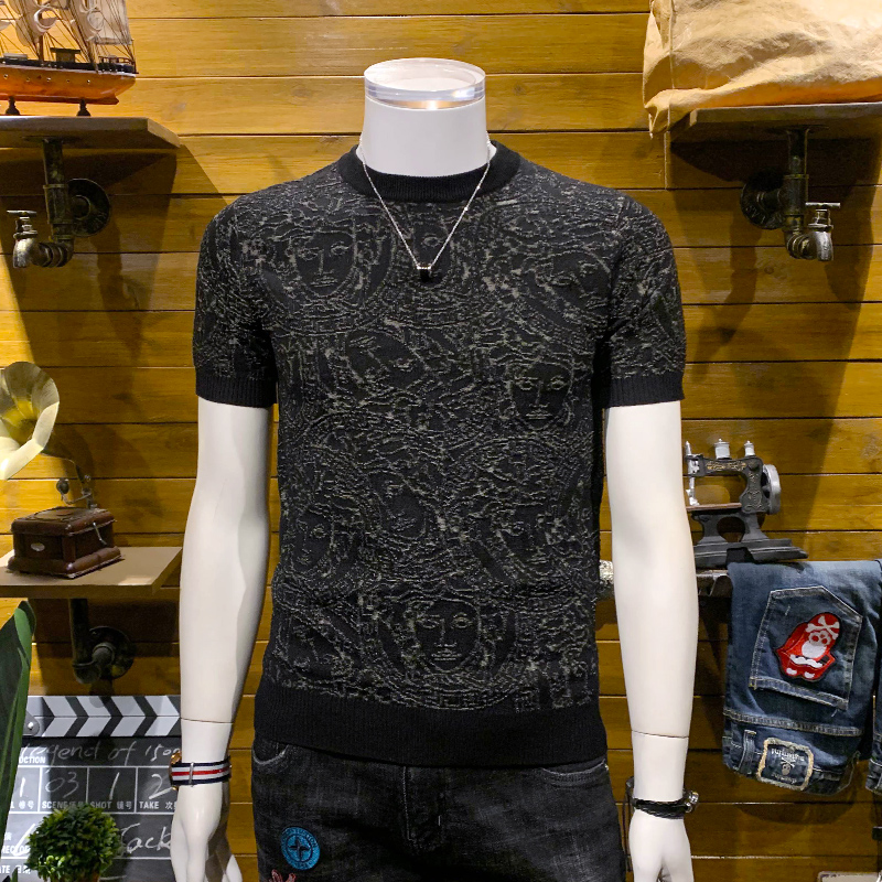 2022春季新款美杜莎提花短袖毛衣男丝光棉冰丝针织衫瓦萨琪T恤潮