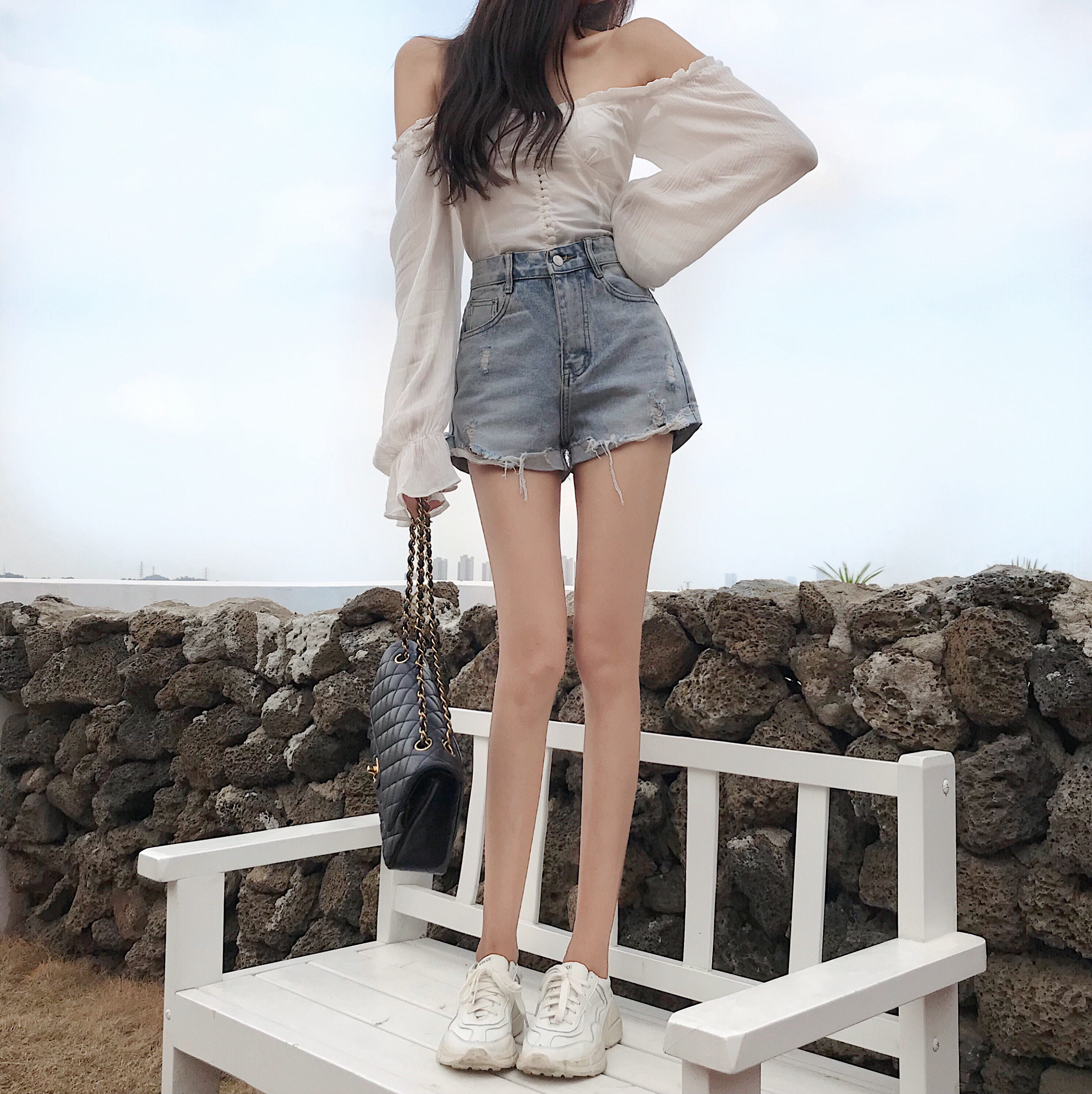 破洞流苏牛仔短裤女潮版ins超火高腰宽松显瘦印花阔腿热裤超短裤