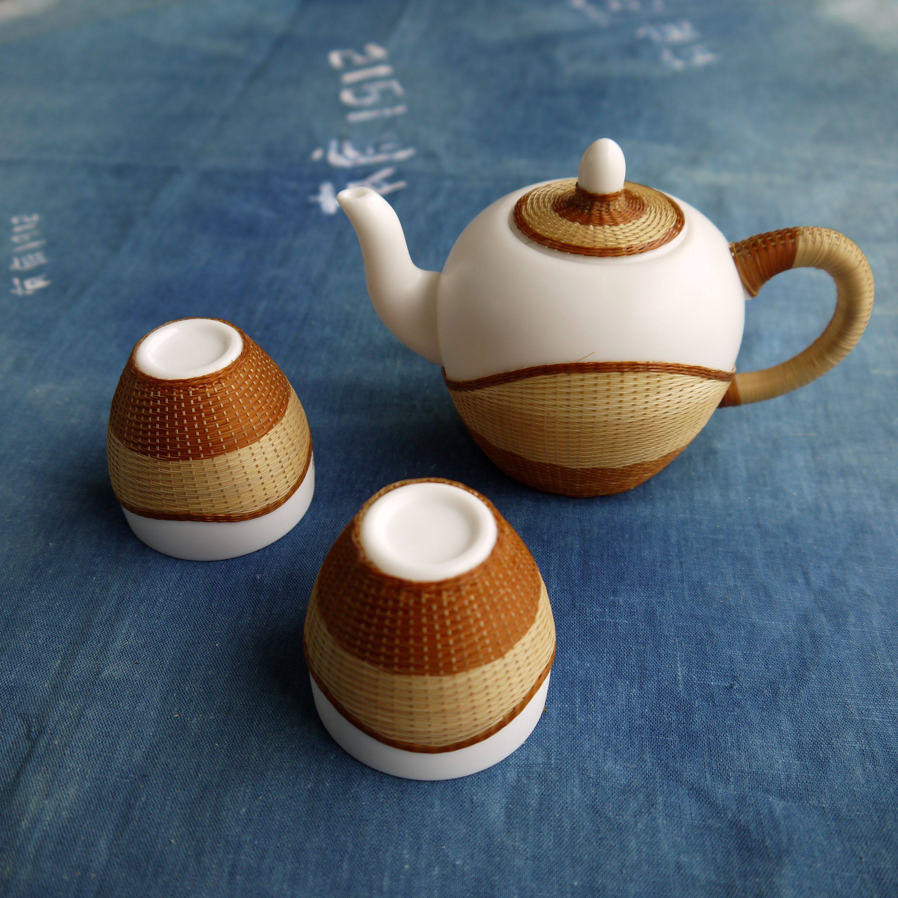 非遗手工瓷胎竹编中国白美人肩壶套装竹丝扣瓷竹编