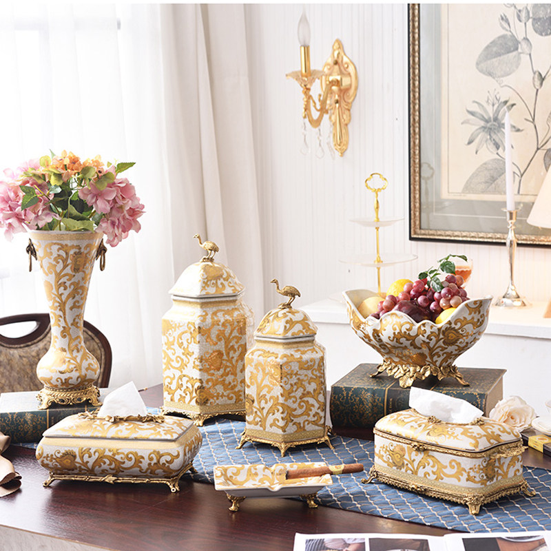 美式奢华果盘欧式装饰纸巾法式花器摆件客厅果盘